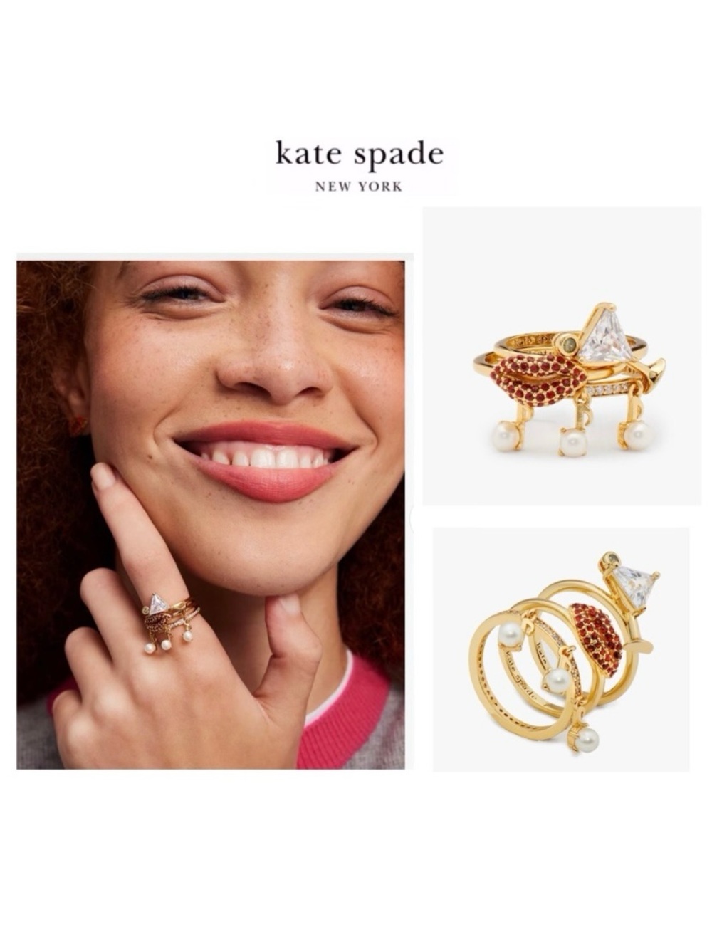 NWT Kate Spade HIT THE TOWN 12-K Gold Plated Glass Stone/Urea Pearl 3 Ring Set